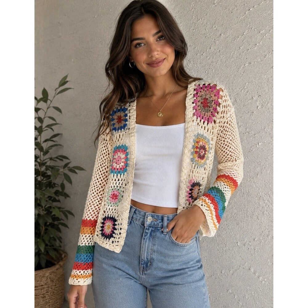 Women Crochet Granny Square Rainbow Stripe Open Cardigan Small boho shein